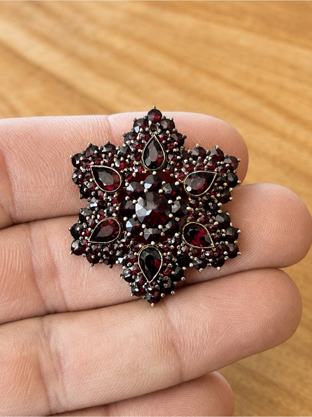 Vintage Bohemian Garnet Cluster Brooch Gold Tone Starburst Estate Jewelry